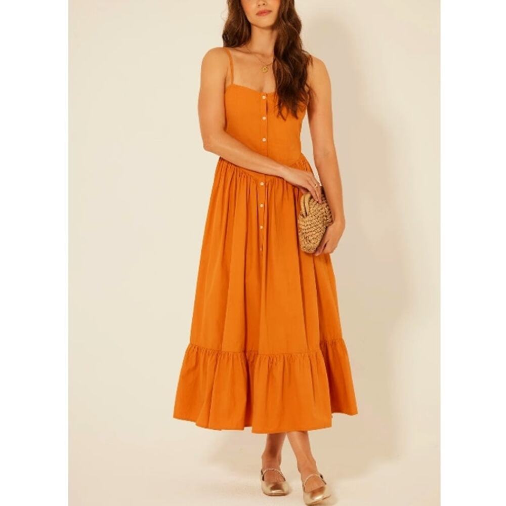 Bila 77 Cottage Basque Button Front Midi Dress Rust Prairie Boho Size XS NWT